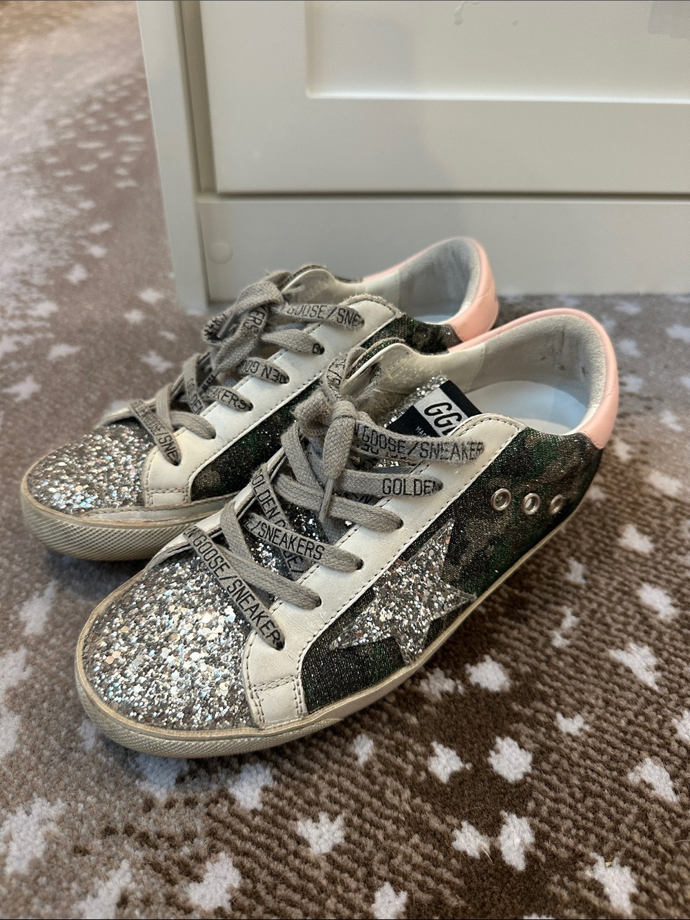 Golden Goose Silver Glitter & Camo Low-Top Sneakers with Pink Heel